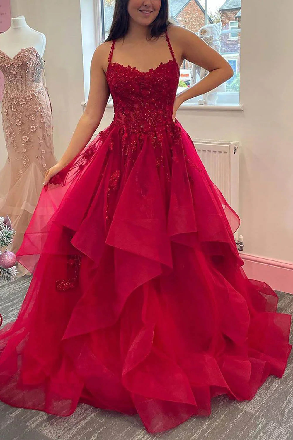 A-Line Spaghetti Straps Tulle Appliques Long Prom Dress