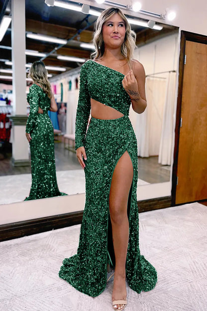 A-line One Shoulder Sequin Prom Dress With Front Split