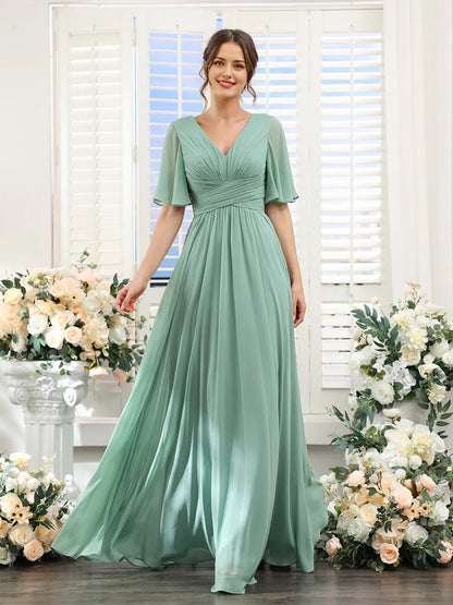 A-Linie V-Ausschnitt Ärmel Langes Chiffon Formelle Partykleider für Hochzeitsgäste Brautjungfernkleid