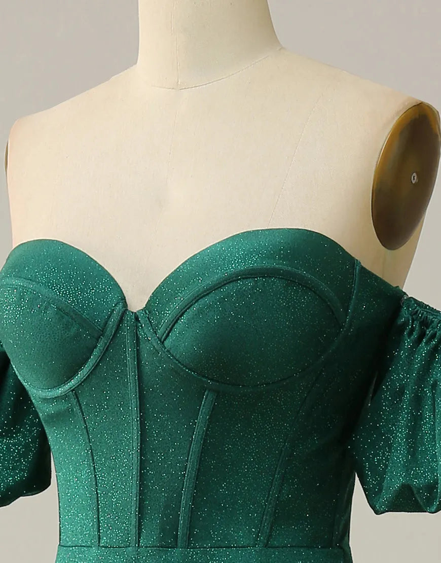 Vestido de fiesta largo con hombros descubiertos y purpurina