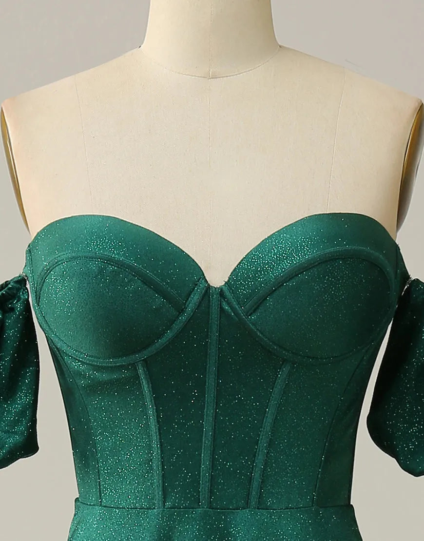 Vestido de fiesta largo con hombros descubiertos y purpurina