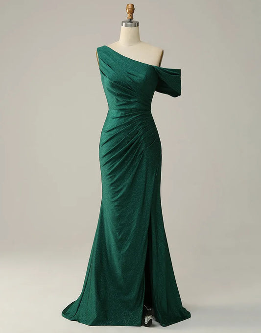 A-line Off The Shoulder Long Glitter Prom Dress With Split