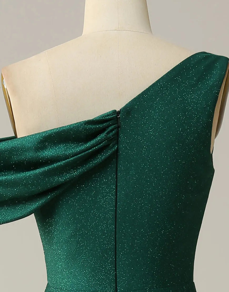 Vestido de fiesta largo con abertura y corte en A, hombros descubiertos y purpurina