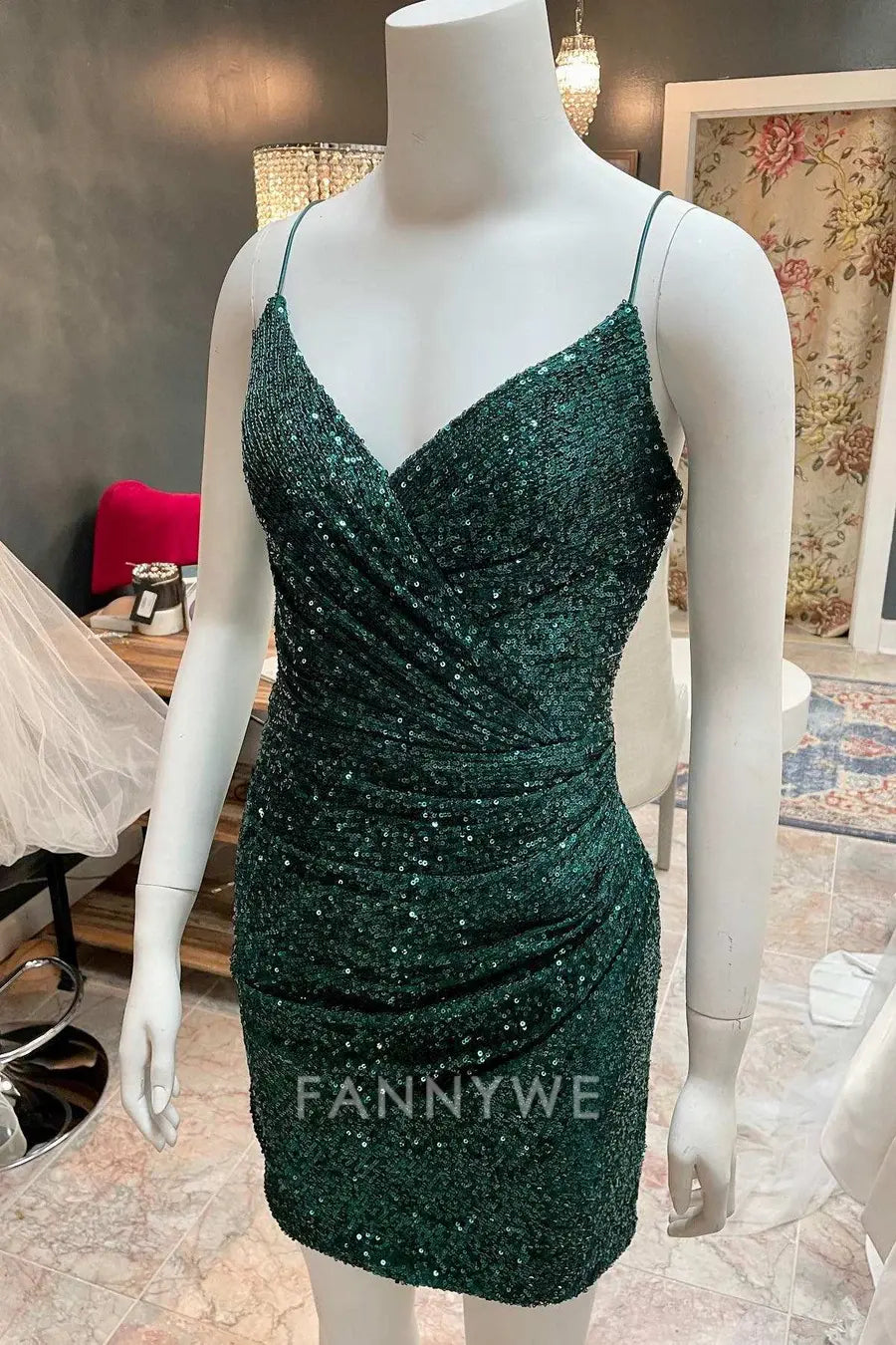 FannyWe Simple Dark Green Sequin Spaghetti Straps Ruched Cocktail Dress formal wear dresses
