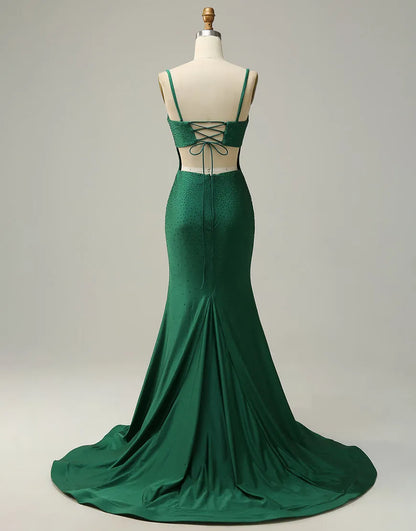 A-Linien-Ballkleid mit Spaghettiträgern und Korsettrücken und Schlitz