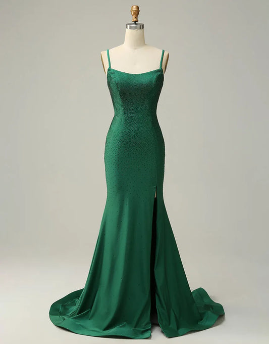 A-Linien-Ballkleid mit Spaghettiträgern und Korsettrücken und Schlitz