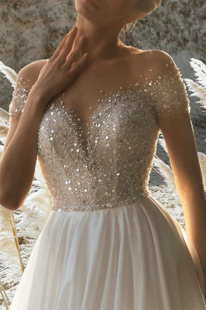 Vestido de novia formal de playa, corte A, mangas cortas y cuentas