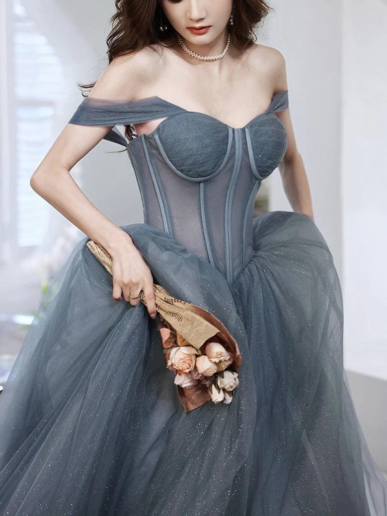 A-line Off The Shoulder Tulle Long Prom Dress