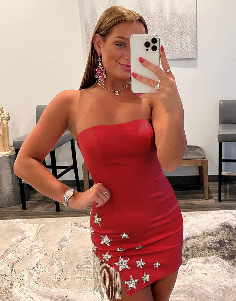 Sheath Strapless Satin Homecoming Dress