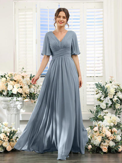 A-Linie V-Ausschnitt Ärmel Langes Chiffon Formelle Partykleider für Hochzeitsgäste Brautjungfernkleid