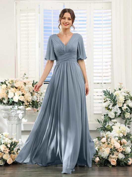 A-Linie V-Ausschnitt Ärmel Langes Chiffon Formelle Partykleider für Hochzeitsgäste Brautjungfernkleid