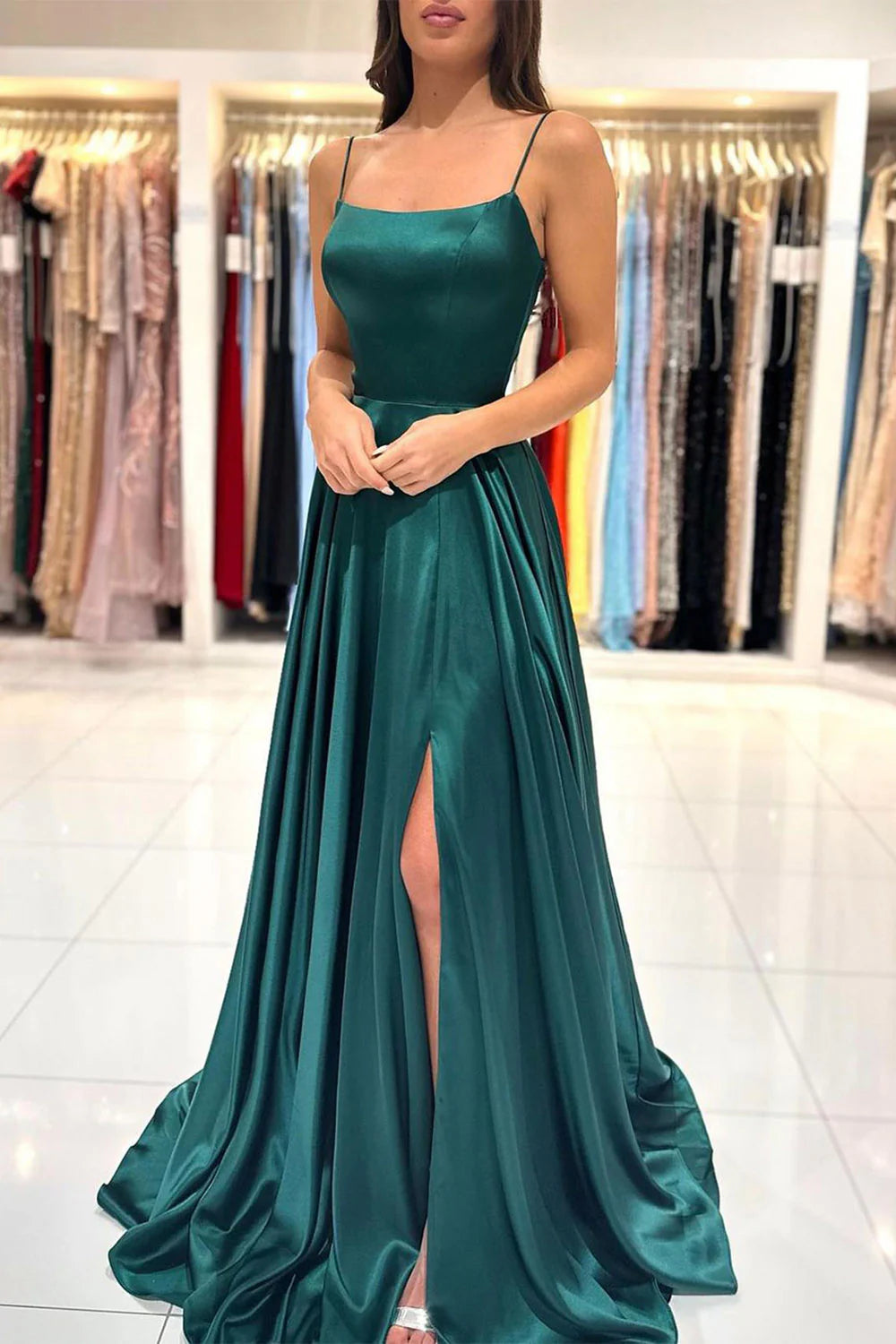 Mermaid Spaghetti Straps Satin Long Prom Dress with Slit