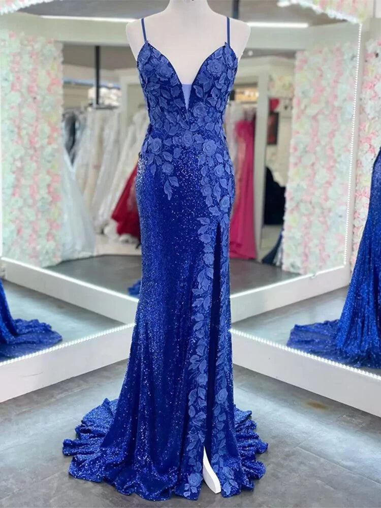Vestidos de fiesta elegantes con apliques florales y espalda descubierta de sirena
