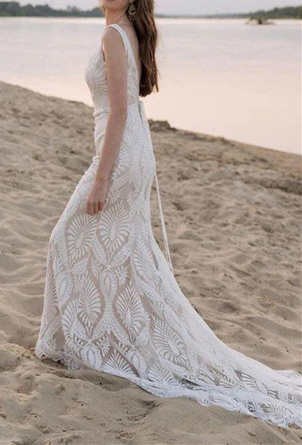 Mermaid Beach Bride Dresses Lace Straps Backless Wedding Dresses Sweep Train