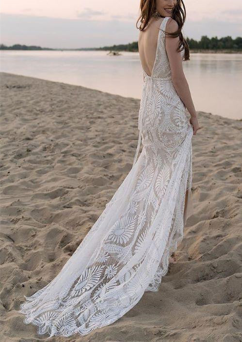Mermaid Beach Bride Dresses Lace Straps Backless Wedding Dresses Sweep Train