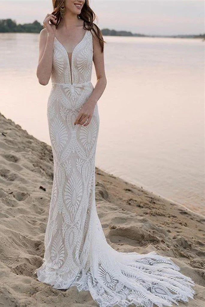 Mermaid Beach Bride Dresses Lace Straps Backless Wedding Dresses Sweep Train