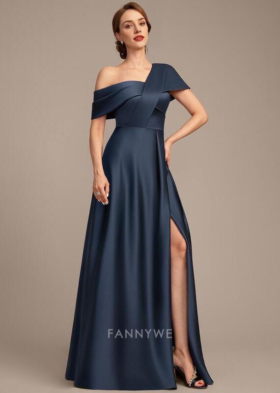 Elegant A-Line One Shoulder Short Sleeve Back Zip Floor-Length Side Slit Mother of the Bride Dress