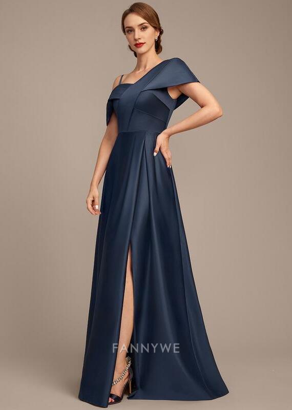 Elegant A-Line One Shoulder Short Sleeve Back Zip Floor-Length Side Slit Mother of the Bride Dress