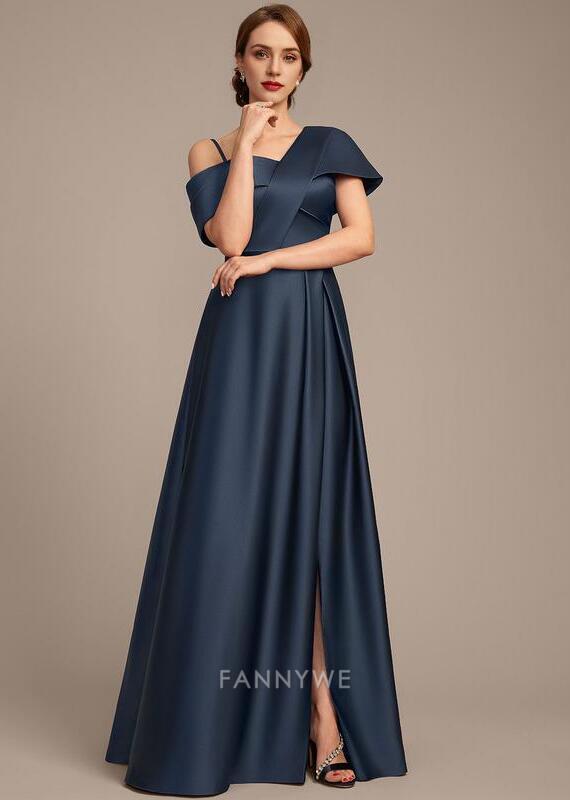 Elegant A-Line One Shoulder Short Sleeve Back Zip Floor-Length Side Slit Mother of the Bride Dress