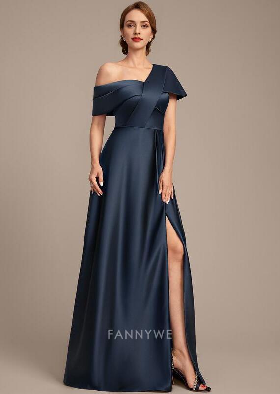 Elegant A-Line One Shoulder Short Sleeve Back Zip Floor-Length Side Slit Mother of the Bride Dress