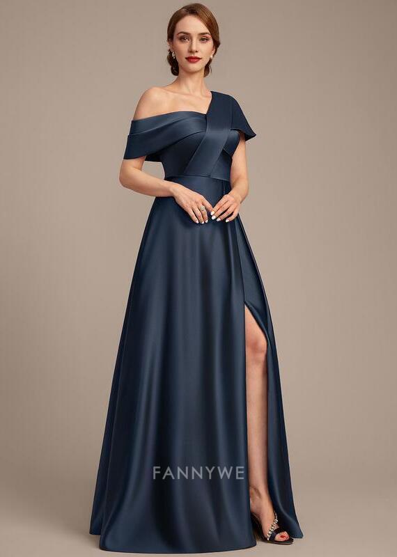 Elegant A-Line One Shoulder Short Sleeve Back Zip Floor-Length Side Slit Mother of the Bride Dress