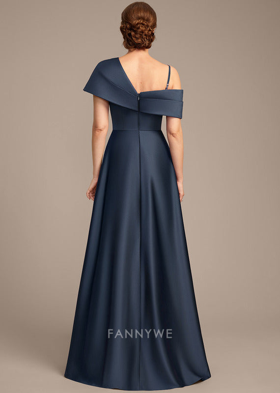Elegant A-Line One Shoulder Short Sleeve Back Zip Floor-Length Side Slit Mother of the Bride Dress