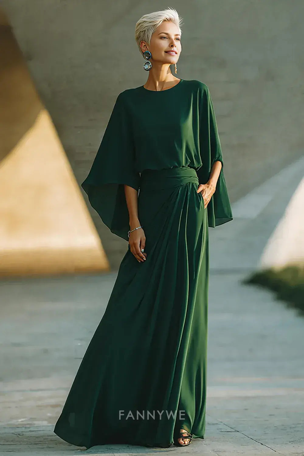 Elegant A-Line Round Neck Flared Sleeve Maxi Dress Mother of the Bride Dress