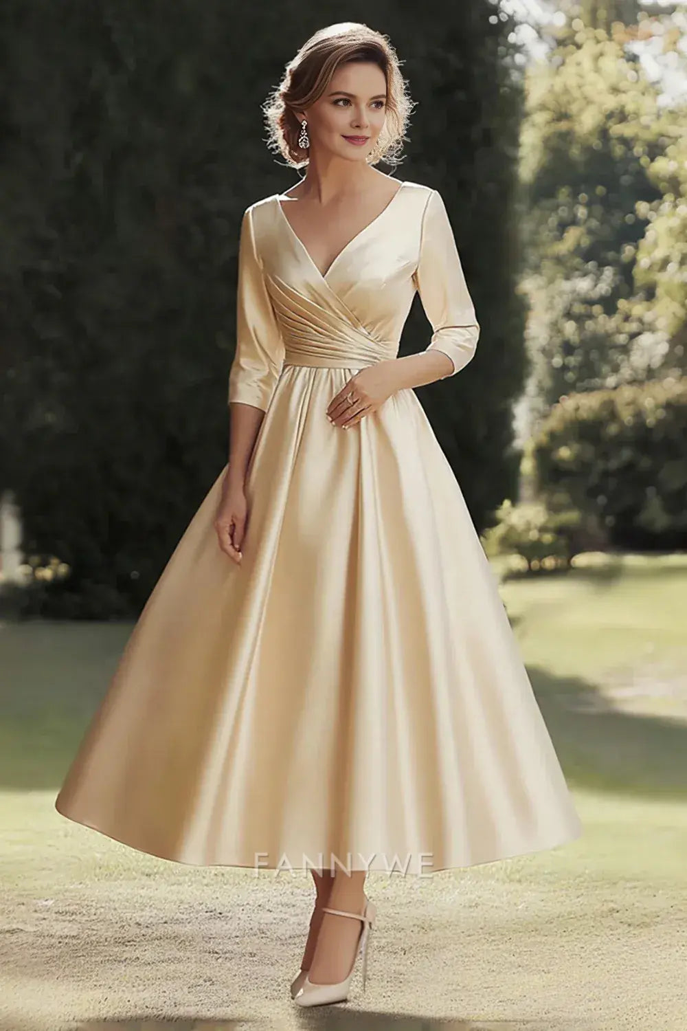 Elegant A-Line V - Neck 3/4 Sleeve Satin Midi Dress Mother of the Bride Dress