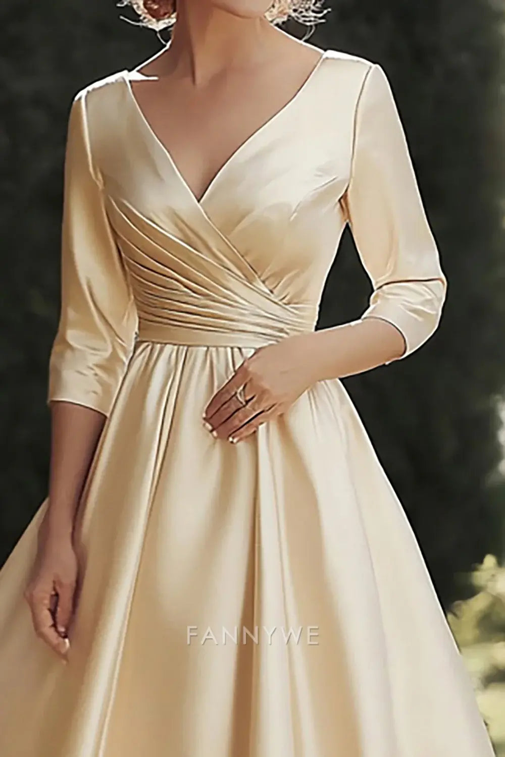 Elegant A-Line V - Neck 3/4 Sleeve Satin Midi Dress Mother of the Bride Dress