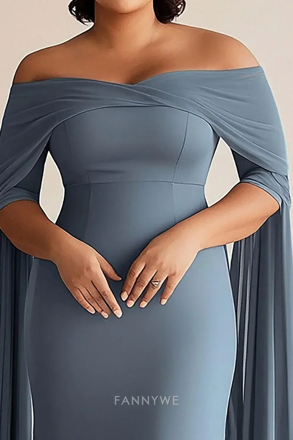 Elegant Blue Off - Shoulder Cape Sleeve Mermaid Maxi Dress Mother of the Bride Dress