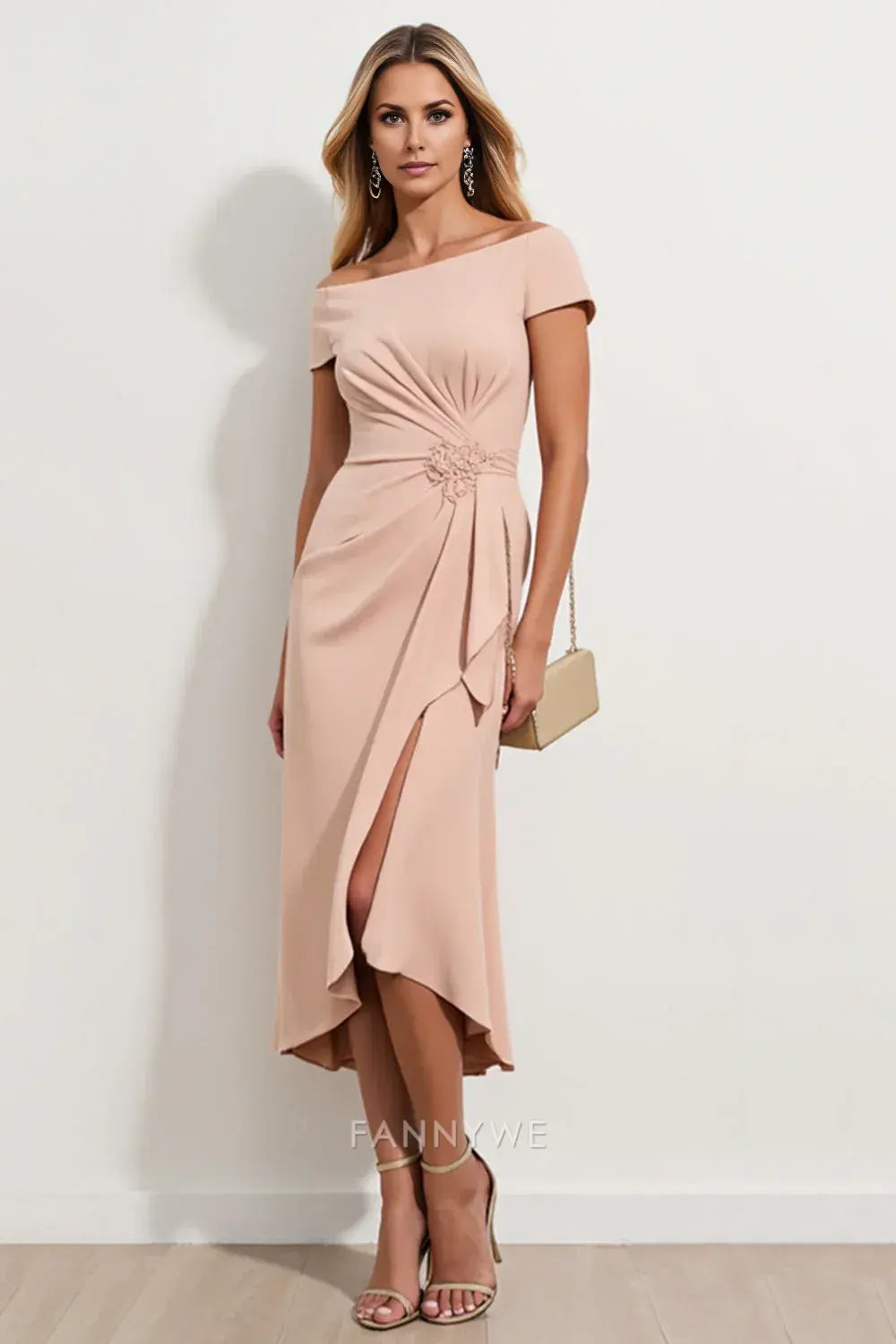 Elegant Blush Off - Shoulder Cap Sleeve Midi Dress Mother of the Bride Dress