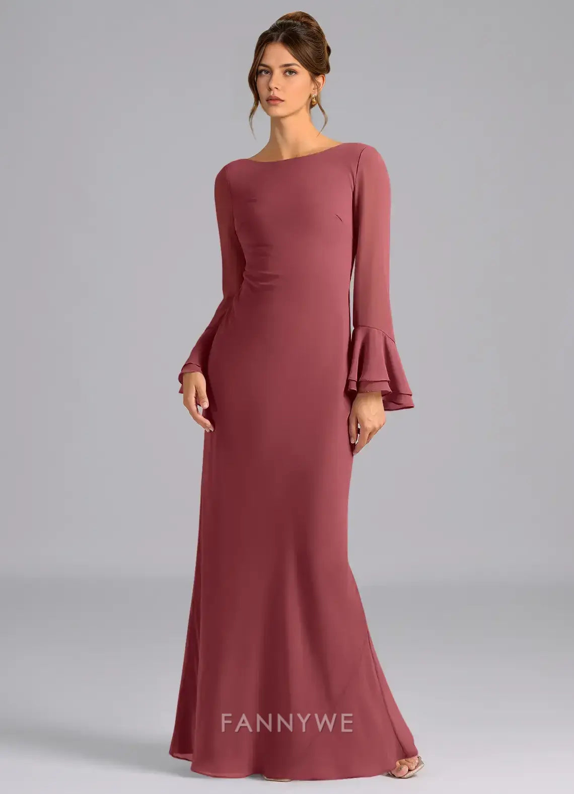 Elegant Boat Neck Bell Sleeve Lace - Up Back Mermaid Maxi Dress Mother of the Bride Dress