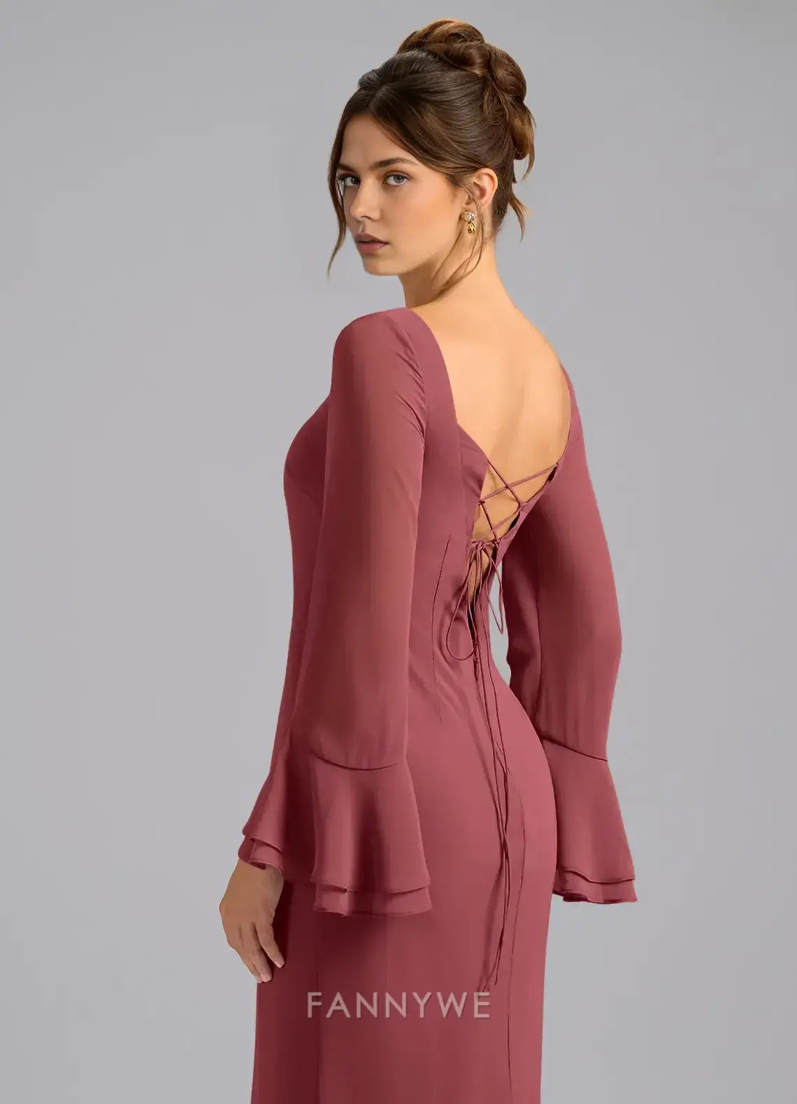 Elegant Boat Neck Bell Sleeve Lace - Up Back Mermaid Maxi Dress Mother of the Bride Dress