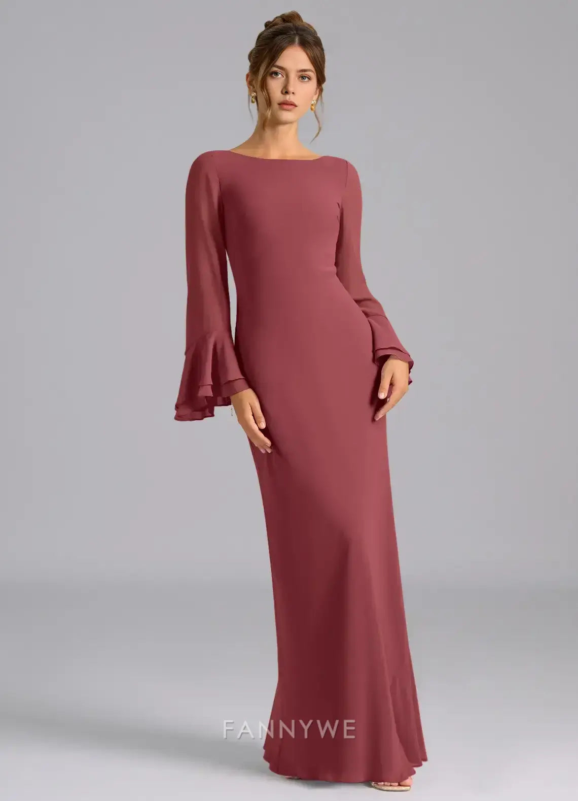 Elegant Boat Neck Bell Sleeve Lace - Up Back Mermaid Maxi Dress Mother of the Bride Dress