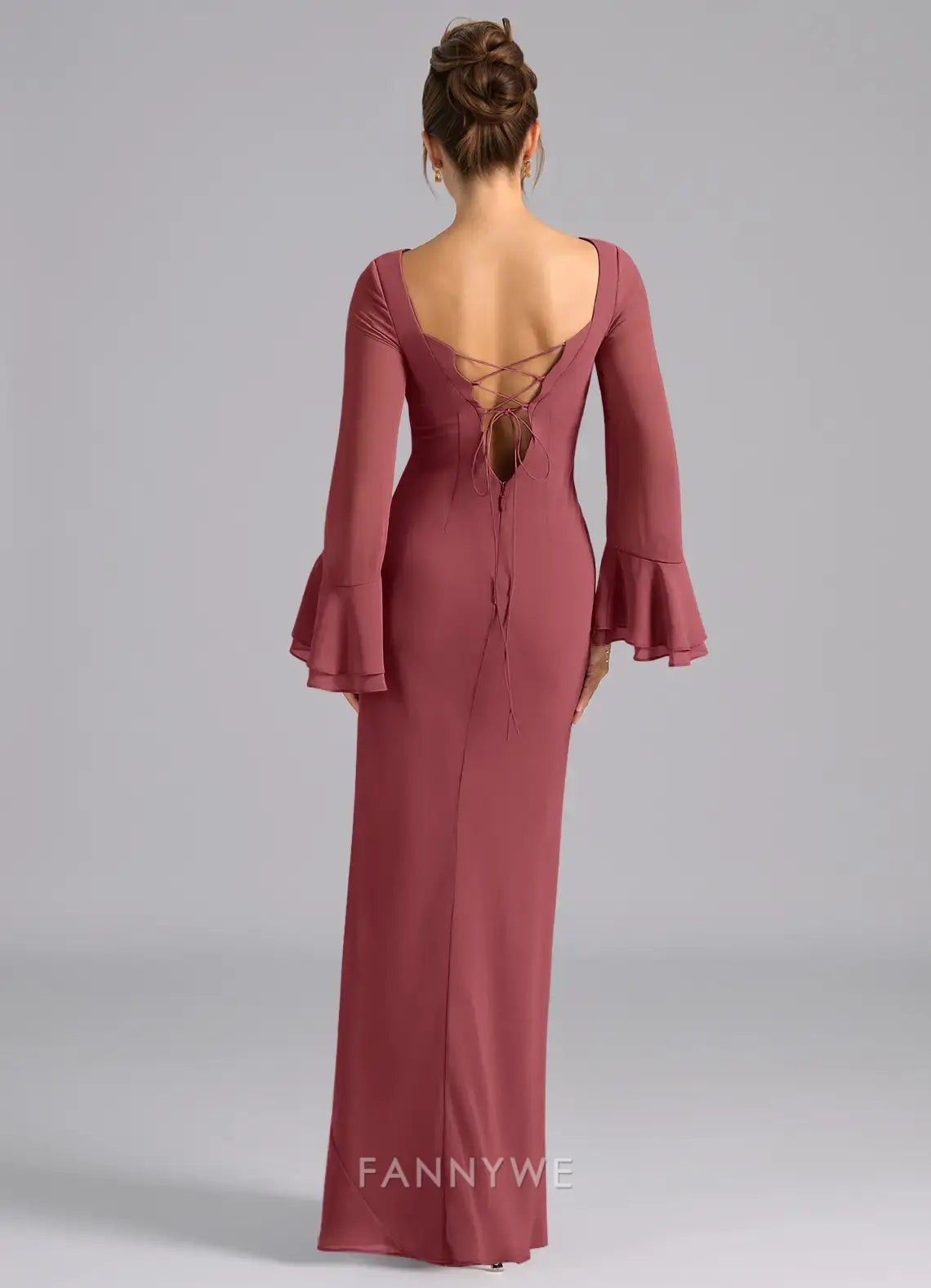 Elegant Boat Neck Bell Sleeve Lace - Up Back Mermaid Maxi Dress Mother of the Bride Dress