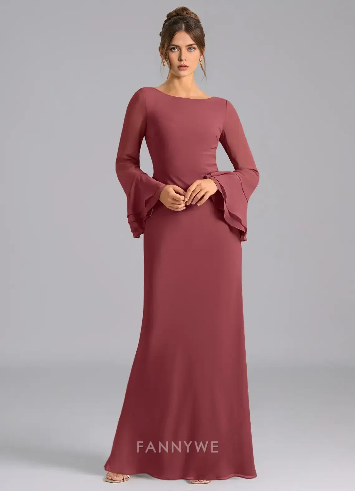 Elegant Boat Neck Bell Sleeve Lace - Up Back Mermaid Maxi Dress Mother of the Bride Dress