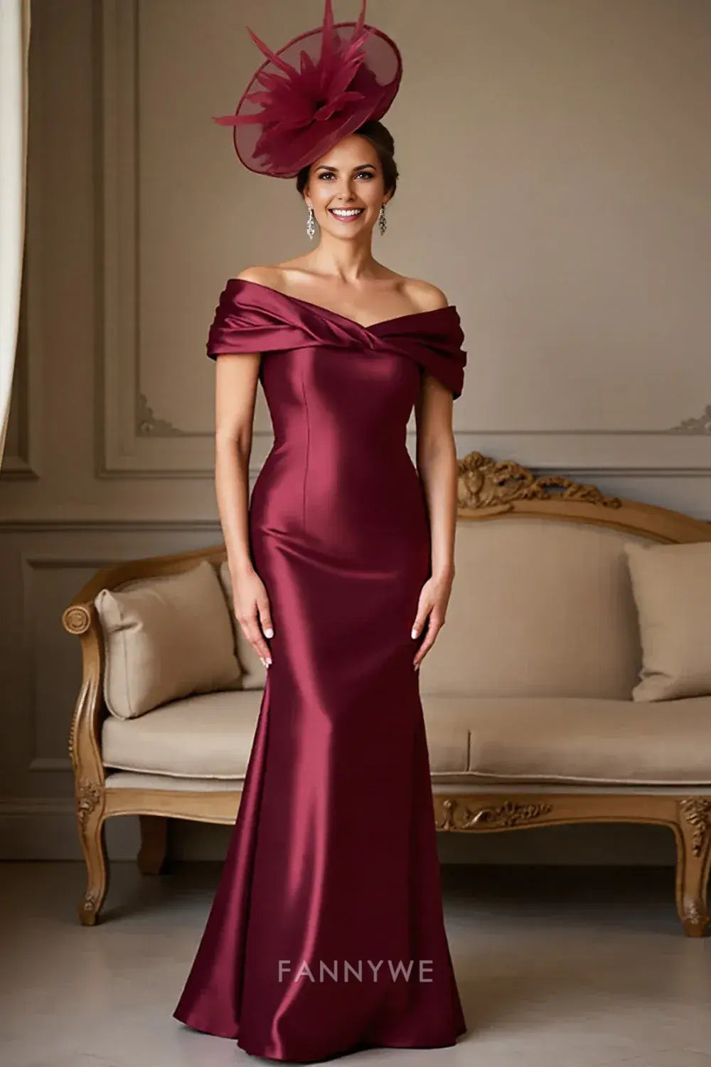 Elegant Burgundy Off - Shoulder Satin Mermaid Gown Mother of the Bride Dress