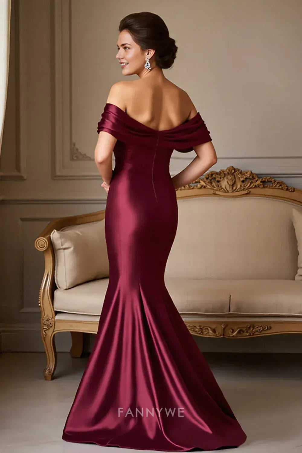 Elegant Burgundy Off - Shoulder Satin Mermaid Gown Mother of the Bride Dress