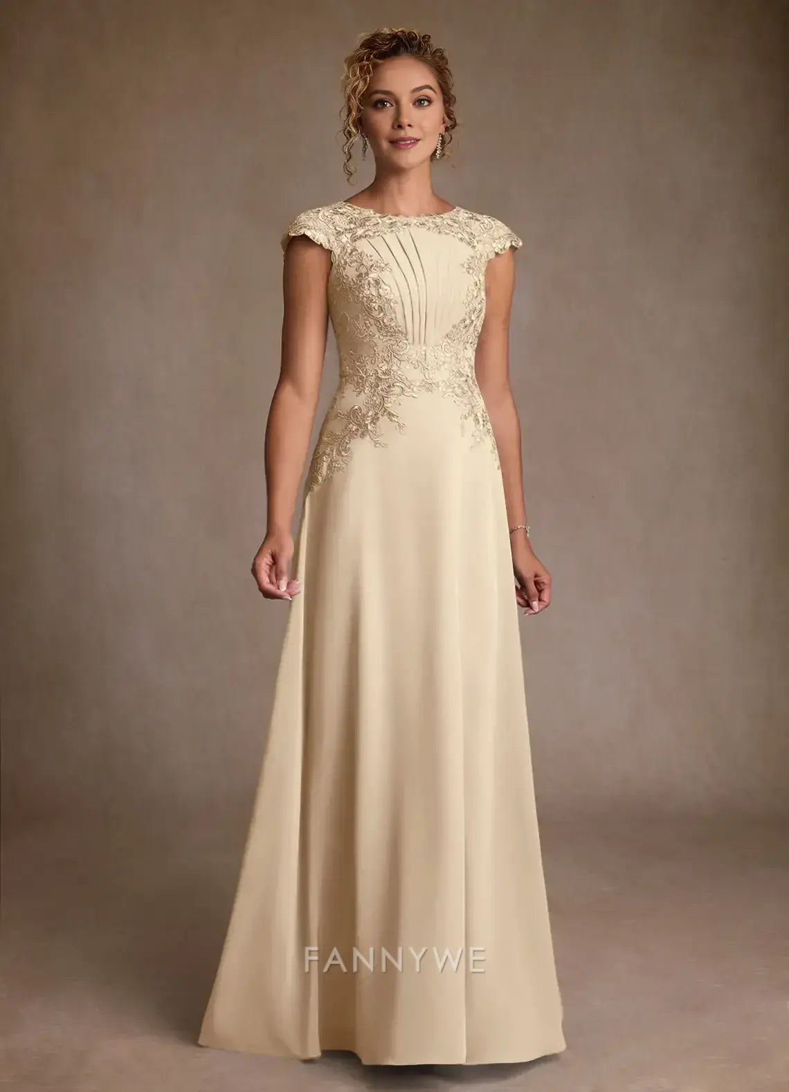Elegant Cap Sleeve Lace-Embroidered A-Line Maxi Dress Mother of the Bride Dress