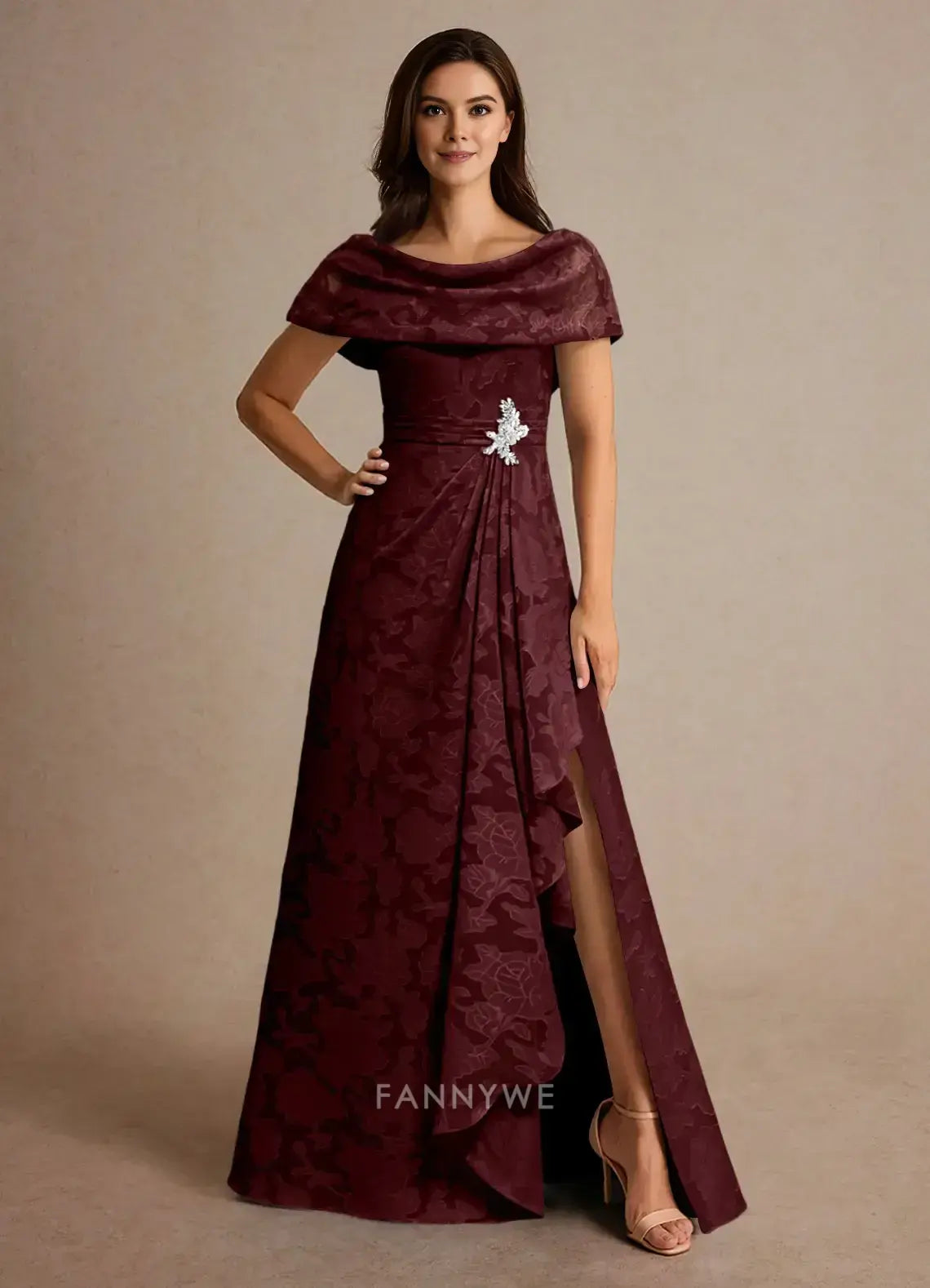Elegant Cowl Neck Floral Brocade Side Slit A-Line Maxi Dress with Brooch Detail Mother of the Bride Dress