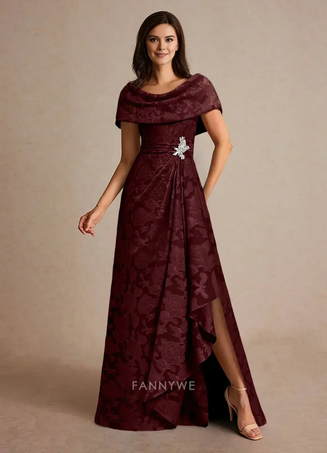 Elegant Cowl Neck Floral Brocade Side Slit A-Line Maxi Dress with Brooch Detail Mother of the Bride Dress