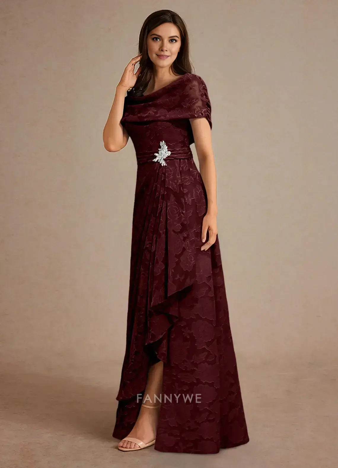 Elegant Cowl Neck Floral Brocade Side Slit A-Line Maxi Dress with Brooch Detail Mother of the Bride Dress