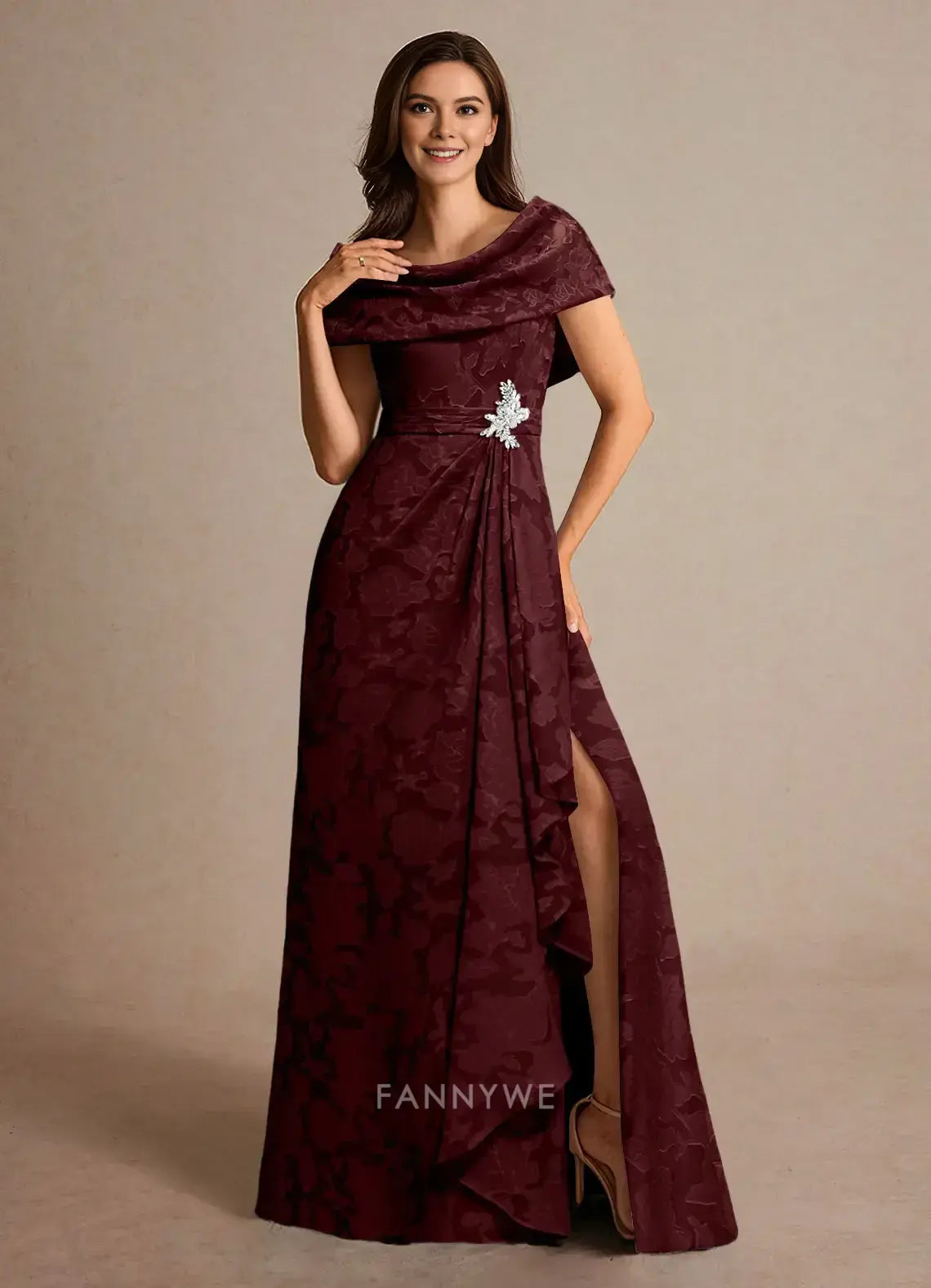 Elegant Cowl Neck Floral Brocade Side Slit A-Line Maxi Dress with Brooch Detail Mother of the Bride Dress