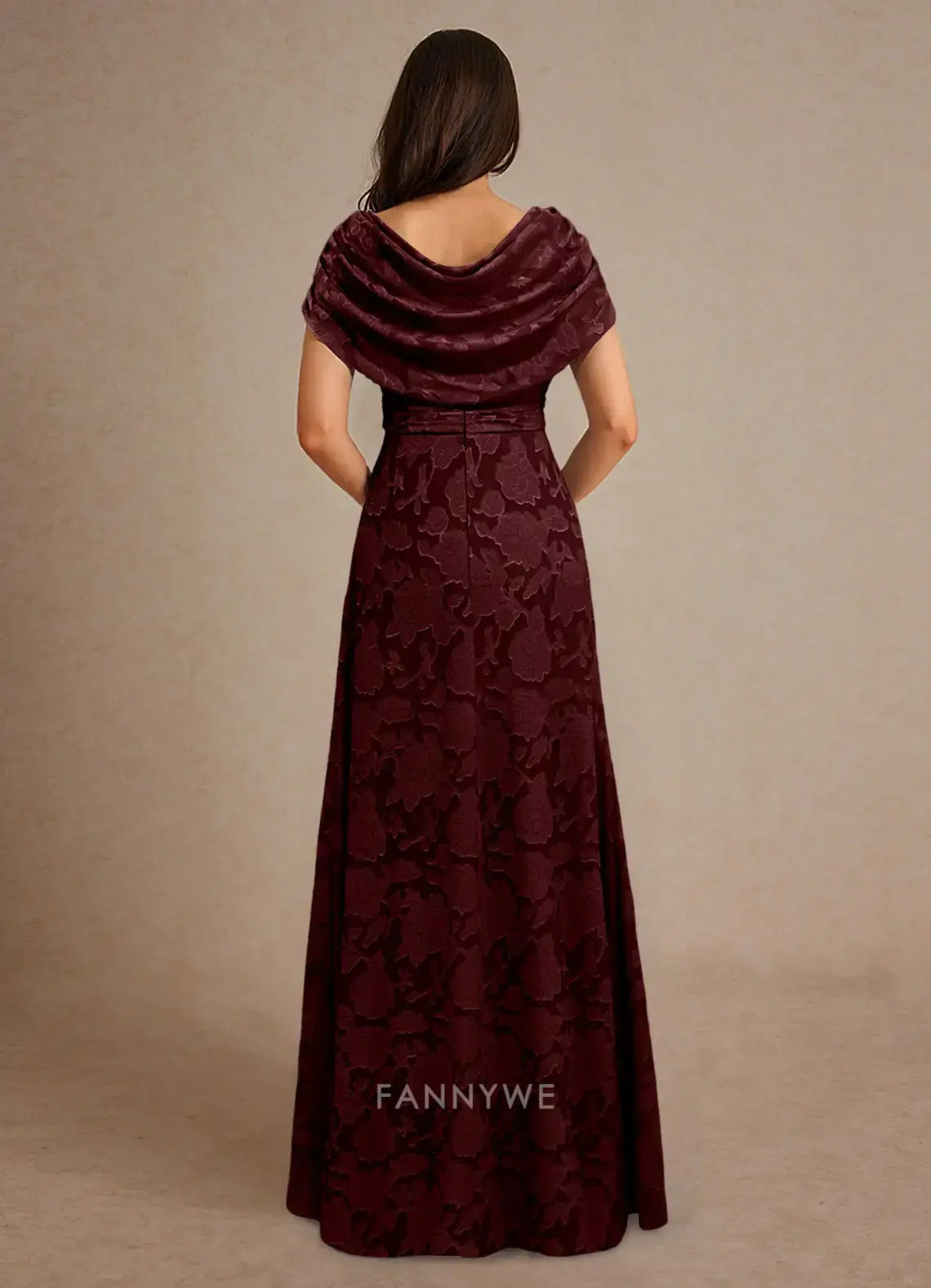 Elegant Cowl Neck Floral Brocade Side Slit A-Line Maxi Dress with Brooch Detail Mother of the Bride Dress