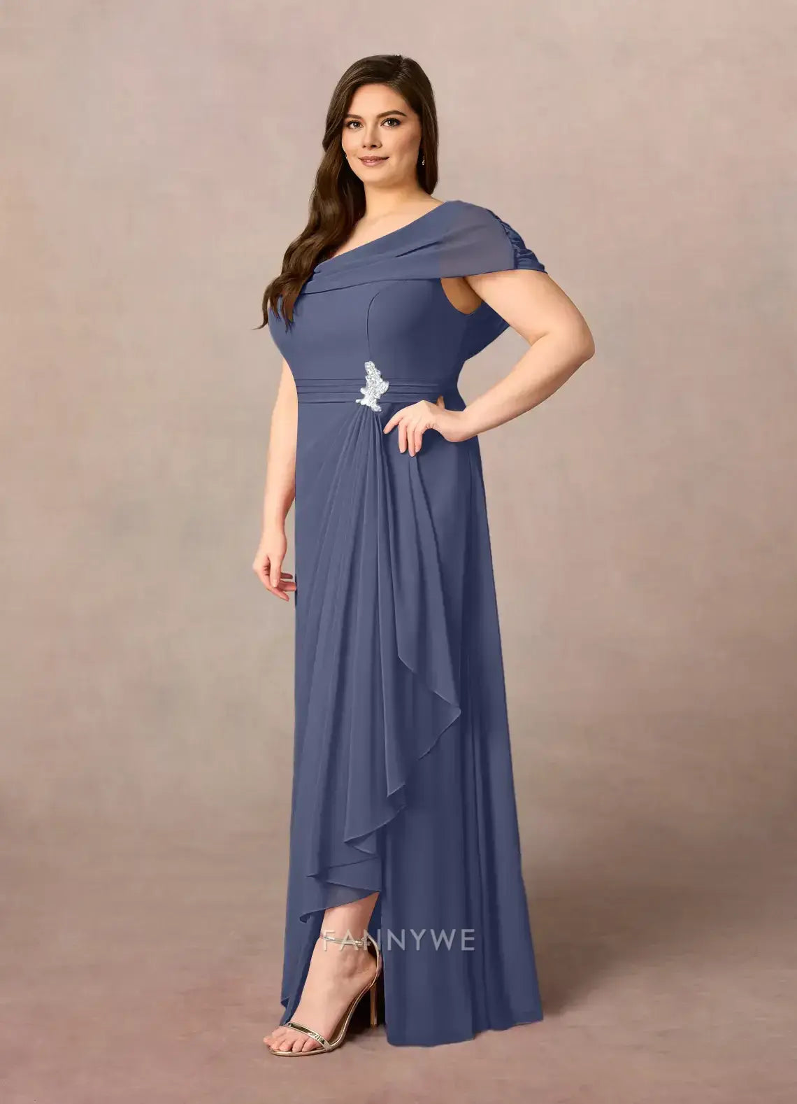 Elegant Plus size Cowl Neck Ruffled Side Slit Chiffon A-Line Maxi Dress with Brooch Detail Mother of the Bride Dress