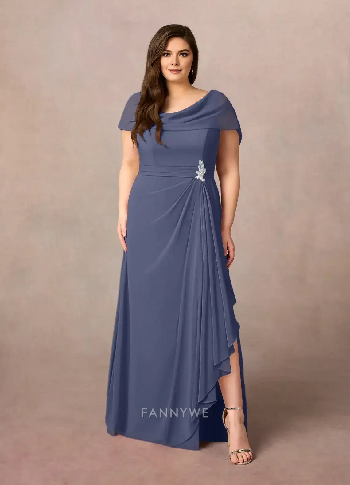 Elegant Plus size Cowl Neck Ruffled Side Slit Chiffon A-Line Maxi Dress with Brooch Detail Mother of the Bride Dress