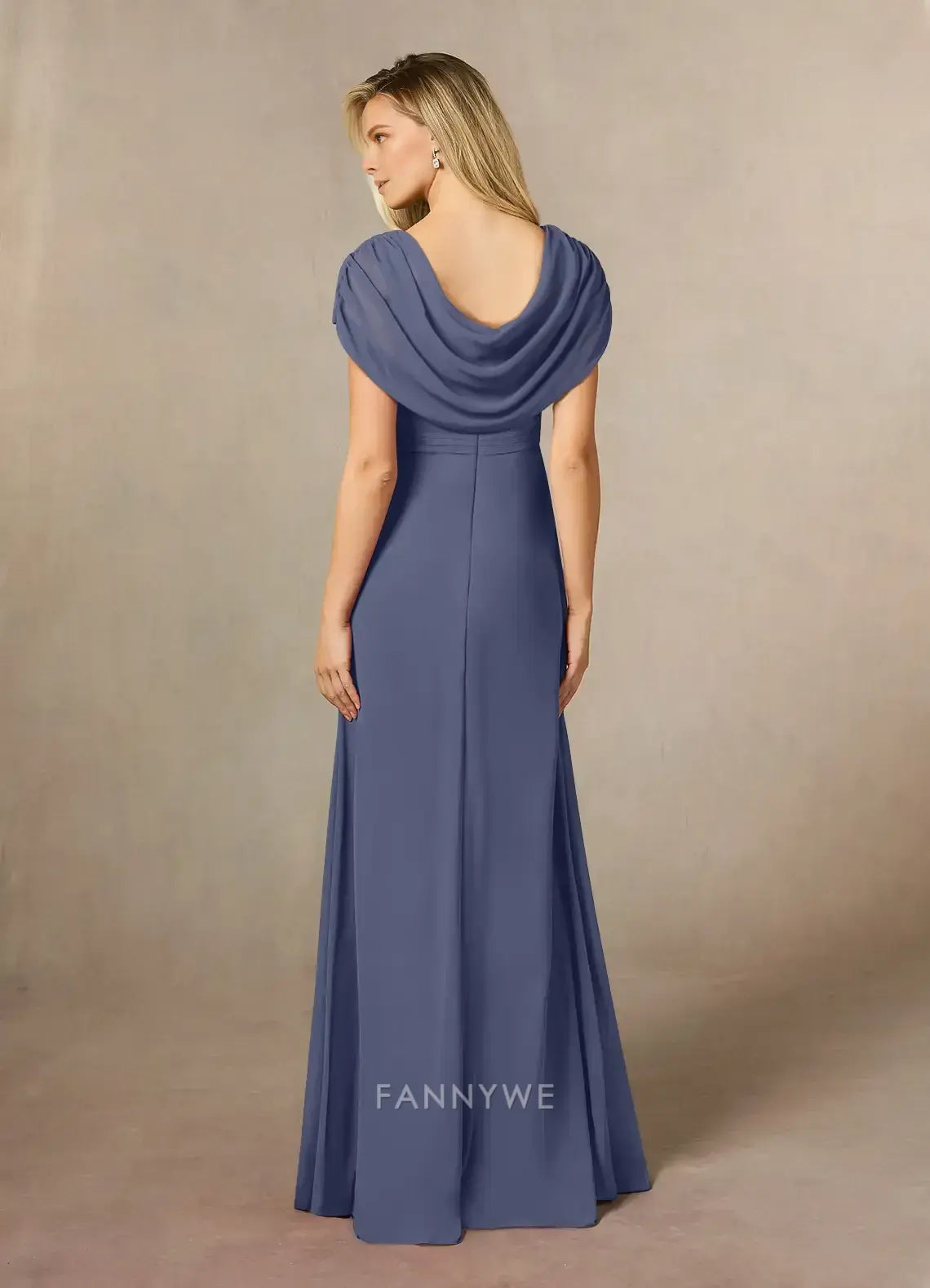 Elegant Plus size Cowl Neck Ruffled Side Slit Chiffon A-Line Maxi Dress with Brooch Detail Mother of the Bride Dress