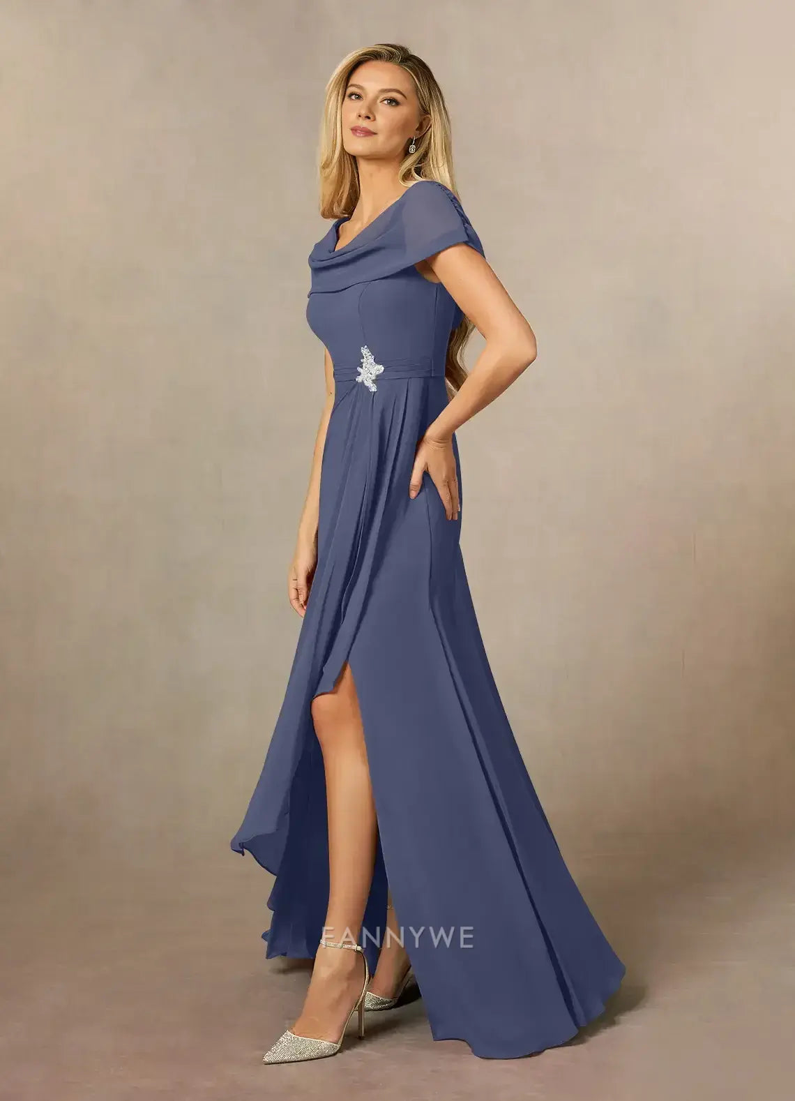 Elegant Plus size Cowl Neck Ruffled Side Slit Chiffon A-Line Maxi Dress with Brooch Detail Mother of the Bride Dress