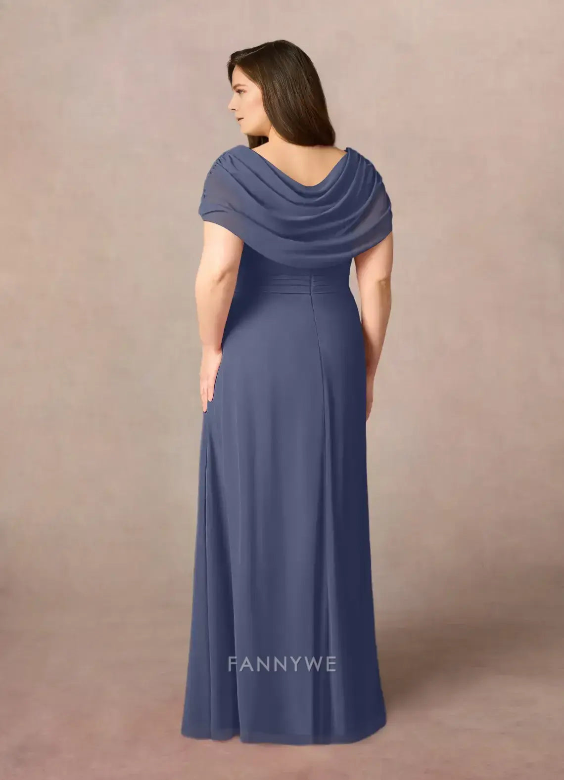 Elegant Plus size Cowl Neck Ruffled Side Slit Chiffon A-Line Maxi Dress with Brooch Detail Mother of the Bride Dress