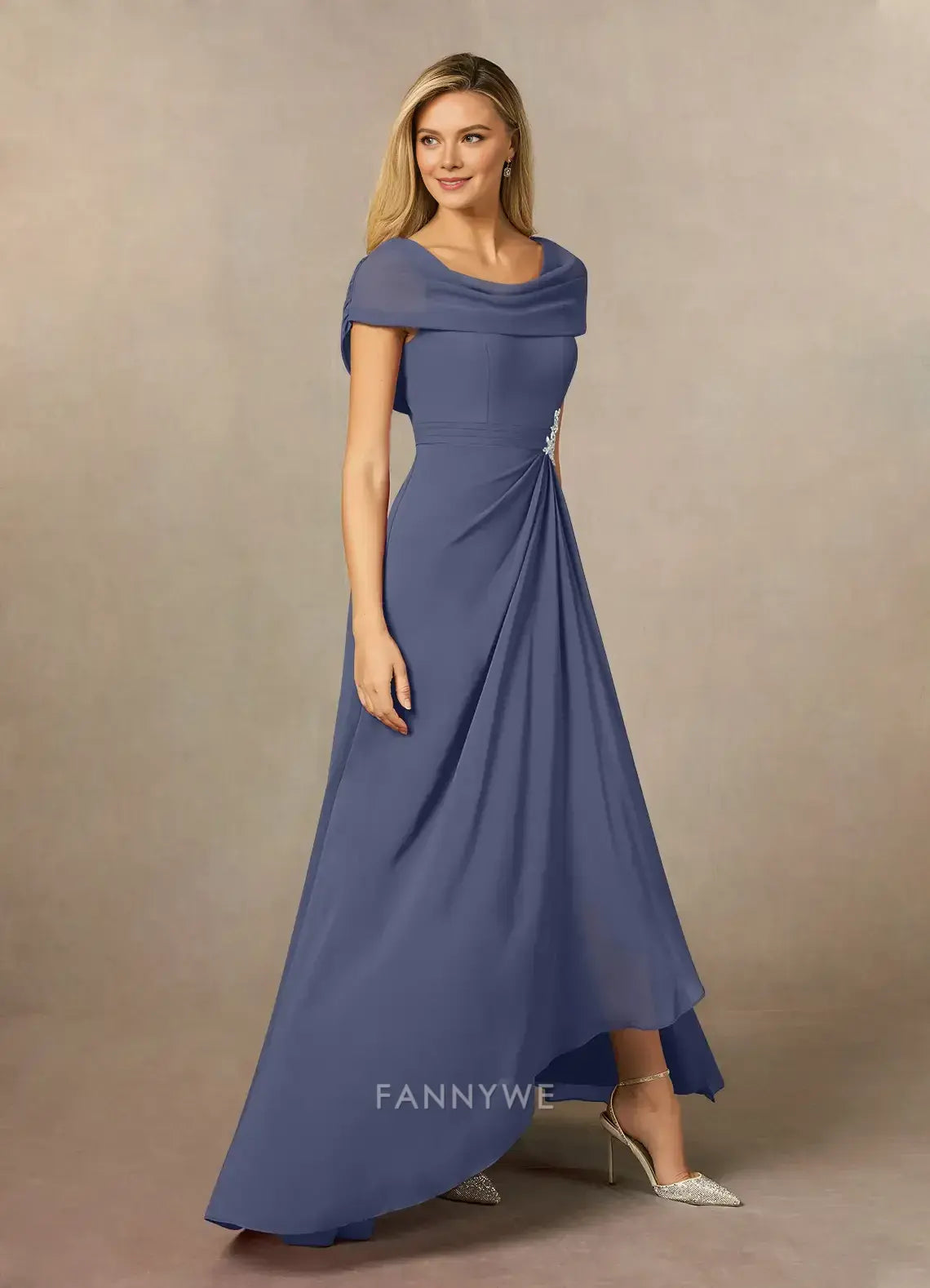 Elegant Plus size Cowl Neck Ruffled Side Slit Chiffon A-Line Maxi Dress with Brooch Detail Mother of the Bride Dress